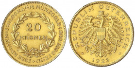 Republik Österreich
1. Republik, 1918-1938
20 Kronen 1923. 6,775 g. 900/1000. Auflage nur 6988 Ex.
vorzüglich, etwas berieben, selten. J. 422. Frie...