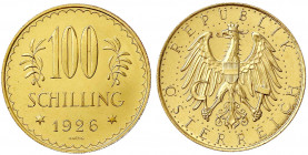 Republik Österreich
1. Republik, 1918-1938
100 Schilling 1926. 23,52 g. 900/1000.
fast Stempelglanz aus Erstabschlag. J. 437. Friedberg 520. Nile P...