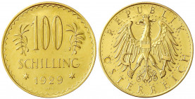 Republik Österreich
1. Republik, 1918-1938
100 Schilling 1929. 23,52 g. 900/1000.
vorzüglich/Stempelglanz. J. 437. Friedberg 520. Nile Post 5.