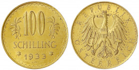 Republik Österreich
1. Republik, 1918-1938
100 Schilling 1933. 23,52 g. 900/1000. Aufl. nur 4727 Ex.
vorzüglich/Stempelglanz, selten. J. 437. Fried...