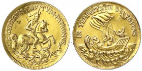 Wien
Stadt
Goldmedaille St. Georg, Wien o.J. (1867/1872). Stempel A Fuchskopf 4 (585/1000) und Meistermarke A.F. 20 mm; 2,33 g.
sehr schön, beriebe...