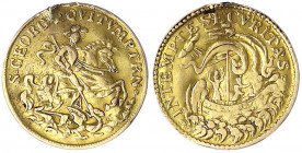 Wien
Stadt
Goldmedaille St. Georg, Wien o.J. (1867/1872). Meistermarke A.F. 18,5 mm; 1,66 g.
sehr schön, Henkelspur