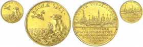 Augsburg
Stadt
Goldmedaille zu 4 Dukaten 1704, von P. H. Müller. Auf den Entsatz der Stadt. Ansicht der Stadt von Osten//Taube mit Ölzweig im Schnab...