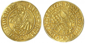 Baden-Baden
Christoph I. 1475-1515 (bzw. 1527)
Goldgulden o.J., Baden-Baden. Hl. Petrus. 3,21 g.
sehr schön, kl. Schrötlingsfehler am Rand, min. ge...