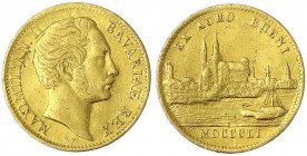 Bayern
Maximilian II., 1848-1864
Rheingold-Dukat 1851. 3,44 g.
fast sehr schön, Kratzer und Schlagstellen. Friedberg 278. AKS 144. Jaeger 128.