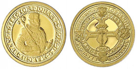 Brandenburg-Preußen
Johann Georg, 1571-1598
Verkleinerte Nachprägung 2005 zum 10 Dukaten o.J. 14 mm; 1,26 g. Feingold.
Polierte Platte