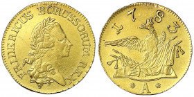 Brandenburg-Preußen
Friedrich II., 1740-1786
Friedrich d'or 1783 A, Berlin. 6,60 g.
sehr schön, Henkelspur. Olding 435. Friedberg 2411.