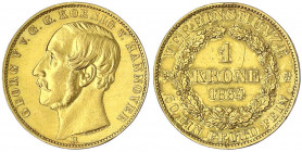Braunschweig-Calenberg-Hannover
Georg V., 1851-1866
Krone 1864 B. 11,07 g.
sehr schön, Kratzer, berieben, kl. Randfehler. AKS 140. Friedberg 1183. ...
