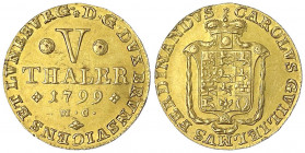 Braunschweig-Wolfenbüttel
Karl Wilhelm Ferdinand, 1780-1806
5 Taler 1799 MC, Braunschweig. 6,63 g.
vorzüglich, kl. Kratzer. Welter 2896. Friedberg ...