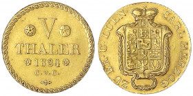 Braunschweig-Wolfenbüttel
Karl, 1815-1830
5 Taler 1824 C.v.C. 6,62 g.
sehr schön, Prüfspur am Rand. AKS 39. Jaeger 315. Friedberg 49.