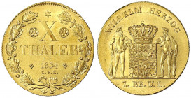 Braunschweig-Wolfenbüttel
Wilhelm, 1831-1884
10 Taler 1834 C.v.C. Mit runder 3 in der Jahreszahl. 13,27 g.
vorzüglich/Stempelglanz, Prachtexemplar,...
