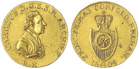 Frankfurt-Großherzogtum
Carl Theodor von Dalberg, Fürstprimas, 1806-1815
Dukat 1809 B.H. Frankfurt. Brb. n.r./Wappen mit Mainzer Rad. 3,48 g.
fast ...