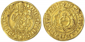 Frankfurt, königl. Mzst
Maximilian I., 1493-1508
Goldgulden 1498. Johannes der Täufer mit Lamm, zu Füßen das Weinsberger Wappen. 3,18 g.
gutes sehr...