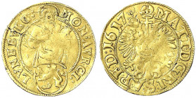Lüneburg, Stadt
Goldgulden 1617, mit Titel Matthias. 3,14 g.
schön/sehr schön, kl. Schrötlingsrisse, von größter Seltenheit
Verm. das 2. bekannte E...