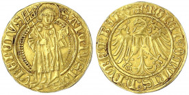 Nürnberg
Stadt
Goldgulden o.J. (1469-71) St. Laurentius mit Strahlenkranz, Stola, Rost und Buch/Adler mit N auf der Brust. 3,40 g.
sehr schön/vorzü...