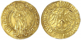 Nürnberg
Stadt
Goldgulden o.J. (1496-1506) St. Laurentius mit Strahlenkranz, Rost und Buch/Adler mit N auf der Brust. 3,26 g.
vorzüglich, selten. K...