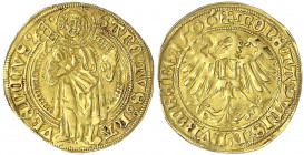 Nürnberg
Stadt
Goldgulden 1506. St. Laurentius mit Strahlenkranz, Rost und Buch/Adler mit N auf der Brust. 3,15 g.
sehr schön, selten
Ex. der Aukt...