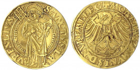 Nürnberg
Stadt
Goldgulden o.J. (1516). St. Laurentius, Kopf nach links mit Strahlenkranz, Rost und Buch/Adler mit N auf der Brust. 3,18 g.
sehr sch...