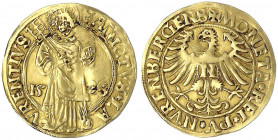 Nürnberg
Stadt
Goldgulden 15(26), durch Doppelschlag als 1525 lesbar. Adler mit N auf Brustschild/St. Laurentius stehend mit kleinem Rost und Buch. ...
