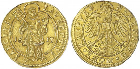 Nürnberg
Stadt
Goldgulden 1613. St. Laurentius teilt Jahreszahl, Kopf mit einfachem Heiligenschein/Adler mit N auf Brust. 3,20 g. Einjahres-Typ.
se...