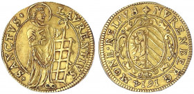 Nürnberg
Stadt
Goldgulden 1614. St. Laurentius mit großem Rost rechts/ovales Wappen. 3,24 g.
vorzüglich, selten. Kellner 23. Friedberg 1810. Slg. E...