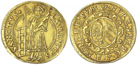Nürnberg
Stadt
Goldgulden 1617. St. Laurentius mit großem Rost links/eiförmiges Wappen. 3,25 g.
fast vorzüglich, selten
Ex. der Auktion Künker 234...