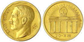 Deutsches Reich
Drittes Reich 1933-1945
20 RM Probe (Stempelfehler PROdE) 1933, auf die Machtergreifung. Kopf Hitlers n.l./Brandenburger Tor, darunt...