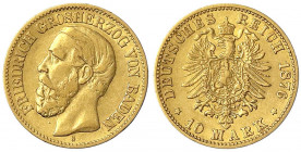 Baden
Friedrich I., 1856-1907
10 Mark 1876 G. gutes sehr schön. Jaeger 186.
