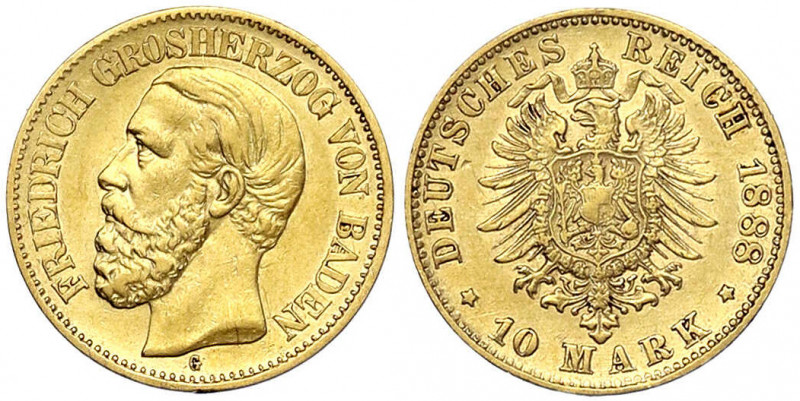 Baden
Friedrich I., 1856-1907
10 Mark 1888 G. vorzüglich. Jaeger 186.