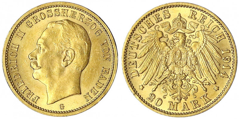 Baden
Friedrich II., 1907-1918
20 Mark 1914 G. prägefrisch/fast Stempelglanz, ...