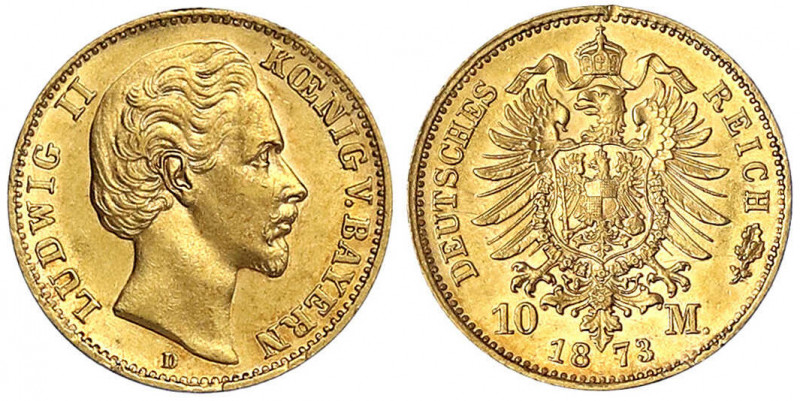 Bayern
Ludwig II., 1864-1886
10 Mark 1873 D. vorzüglich, kl. Randfehler. Jaege...