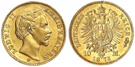 Bayern
Ludwig II., 1864-1886
10 Mark 1873 D. vorzüglich, kl. Randfehler. Jaeger 193.