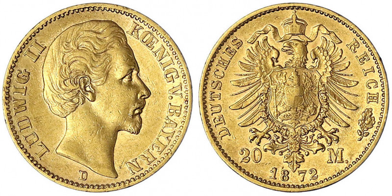 Bayern
Ludwig II., 1864-1886
20 Mark 1872 D. sehr schön. Jaeger 194.