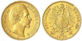 Bayern
Ludwig II., 1864-1886
20 Mark 1873 D. sehr schön, kl. Randfehler. Jaeger 194.