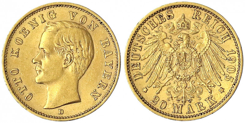 Bayern
Otto, 1886-1913
20 Mark 1905 D. sehr schön/vorzüglich. Jaeger 200.