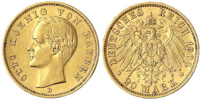 Bayern
Otto, 1886-1913
20 Mark 1905 D. sehr schön/vorzüglich. Jaeger 200.