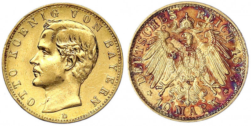 Bayern
Otto, 1886-1913
10 Mark 1893 D. sehr schön, fleckige Patina. Jaeger 201...