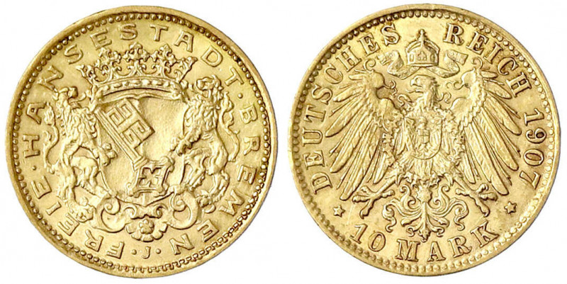 Bremen
10 Mark 1907 J. vorzüglich/Stempelglanz, kl. Kratzer. Jaeger 204.