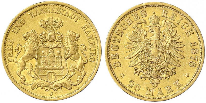 Hamburg
20 Mark 1878 J. sehr schön, kl. Randfehler. Jaeger 210.