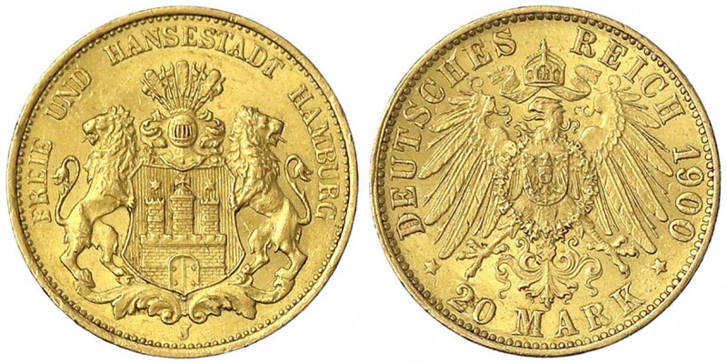 Hamburg
20 Mark 1900 J. vorzüglich/Stempelglanz. Jaeger 212.
