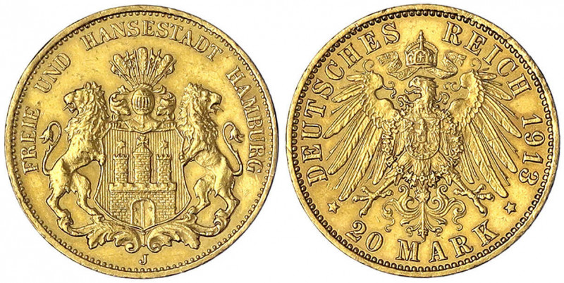 Hamburg
20 Mark 1913 J. gutes vorzüglich, winz. Randfehler. Jaeger 212.