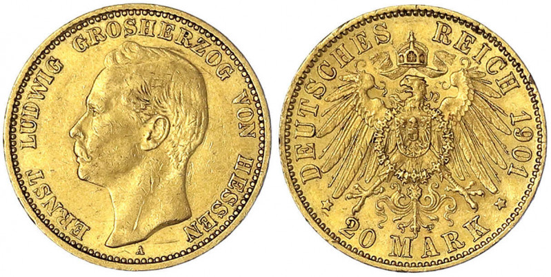 Hessen
Ernst Ludwig, 1892-1918
20 Mark 1901 A. sehr schön, kl. Randfehler. Jae...