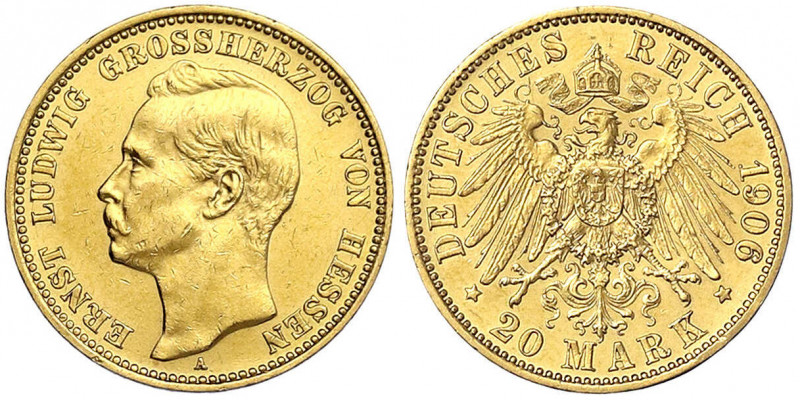 Hessen
Ernst Ludwig, 1892-1918
20 Mark 1906 A. vorzüglich. Jaeger 226.