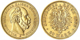 Preußen
Wilhelm I., 1861-1888
20 Mark 1888 A. 3 Kaiserjahr.
gutes vorzüglich. Jaeger 246.