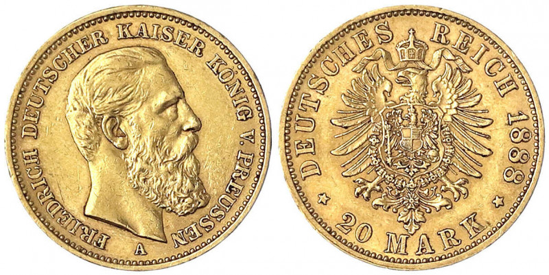 Preußen
Friedrich III., 1888
20 Mark 1888 A. sehr schön/vorzüglich. Jaeger 248...