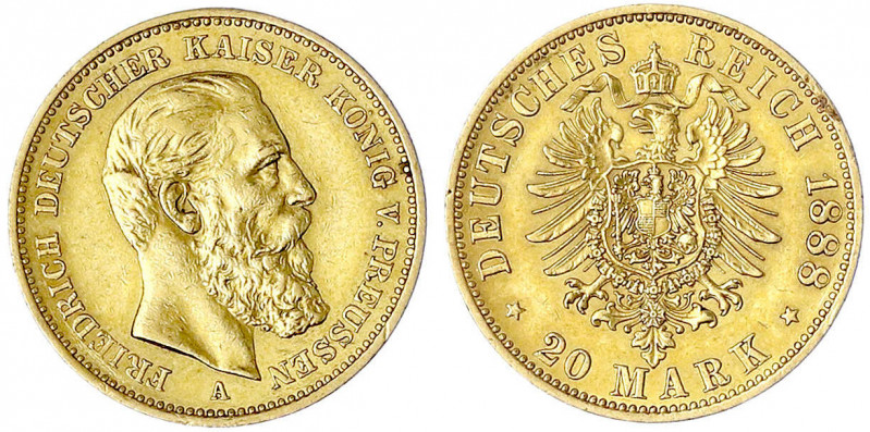 Preußen
Friedrich III., 1888
20 Mark 1888 A. sehr schön/vorzüglich, kl. Randfe...