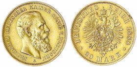 Preußen
Friedrich III., 1888
20 Mark 1888 A. sehr schön/vorzüglich, kl. Randfehler. Jaeger 248.