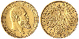 Württemberg
Wilhelm II., 1891-1918
10 Mark 1893 F. vorzüglich. Jaeger 295.