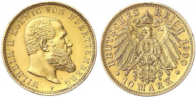 Württemberg
Wilhelm II., 1891-1918
10 Mark 1900 F. sehr schön/vorzüglich. Jaeger 295.