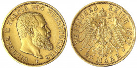 Württemberg
Wilhelm II., 1891-1918
20 Mark 1897 F. vorzüglich, kl. Randfehler. Jaeger 296.